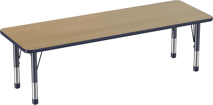 FDP Rectangle (24 x 60 inch) Classroom Table with Adjustable Chunky Toddler Legs (15-24 in); Preschool, Kinder and Daycare Furniture - Pasadena Oak Top/Navy Edge and Legs-Ruum Studio Home