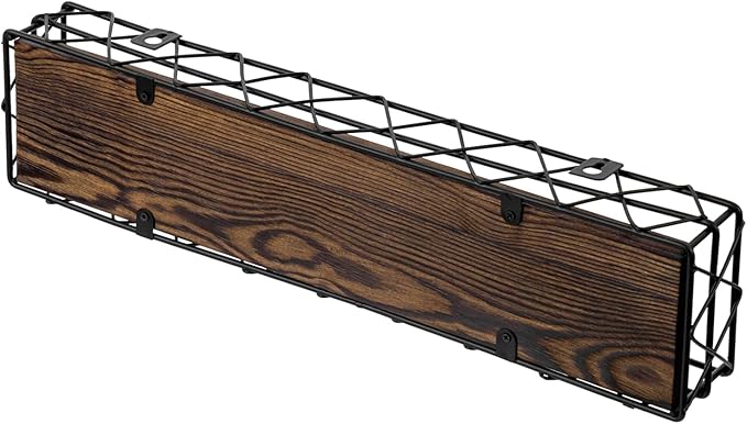 MyGift 14 Inch Wall Mounted Kitchen Spice Racks, Rustic Burnt Solid Wood and Black Metal Wire Geometric Hanging Organizers for Seasoning Jars or Condiment Bottles, Set of 3-Ruum Studio Home