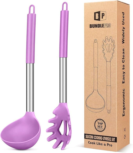 Silicone Pasta Fork and Ladle Spoon Set, Large Non Stick Kitchen Utensils for Cooking,Stirring,Serving Spaghetti, Soup, Sauce (PURPLE)-Ruum Studio Home