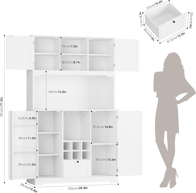 FINETONES 71" Pantry Cabinet with 7-Color LED Light and Charging Station, Kitchen Pantry Cabinet with Microwave Stand, Kitchen Hutch Food Storage Cabinet with Outlet and Wine Racks, White-Ruum Studio Home