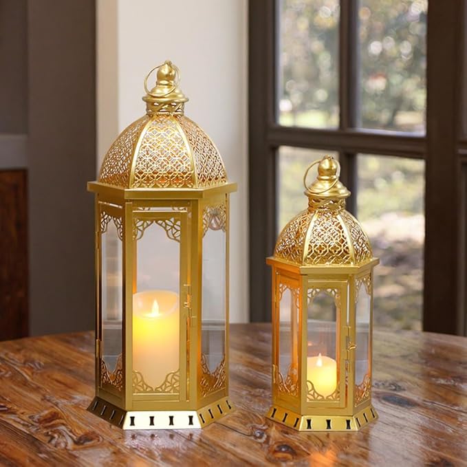 JHY DESIGN Set of 2 Outdoor Candle Lanterns 22"&17" H Decorative Vintage Metal Candle Holders for Garden Porch Indoor Outdoor Parties Weddings Patio Home Decor(Gold)-Ruum Studio Home