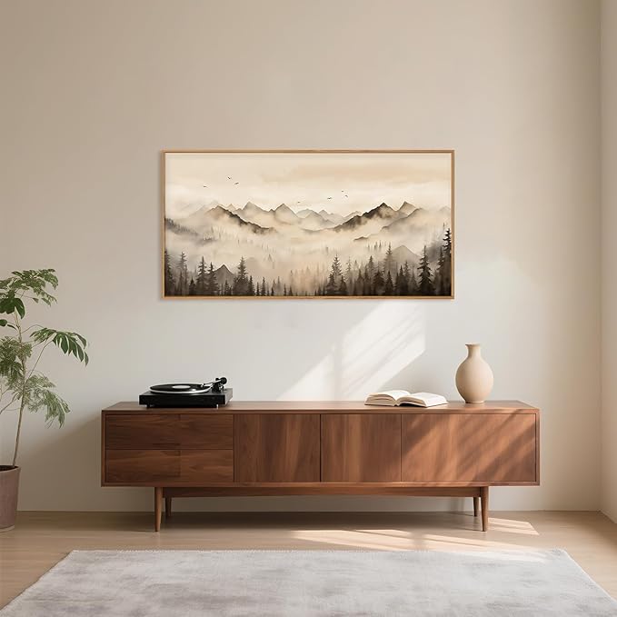 Nature Misty Forest Framed Canvas Wall Art Set, Foggy Landscape Wall Decor, Watercolor Pine Tree Wall Painting, Large Mountains Art Print for Living Room, Bedroom, Office - 20"X40"-Ruum Studio Home