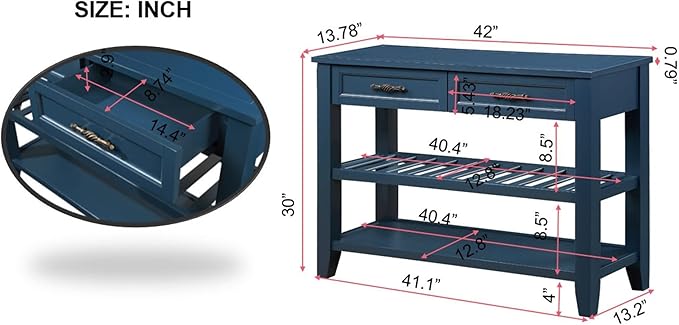 Solid Wood Console Table Entryway Table with Storage Drawers and Shelves Sofa Table for Entry Hallway Foyer(42" Navy Blue)-Ruum Studio Home