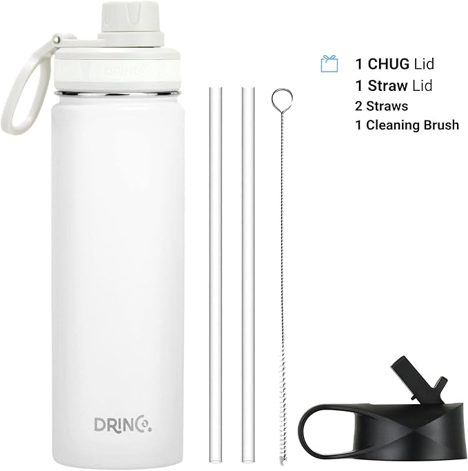 DRINCO Stainless Steel Water Bottle Spout Lid Vacuum Insulated Double Wall Water Bottle Wide Mouth (40oz 32oz 22oz 18oz 14oz) Leak Proof Keeps Cold or Hot (22 oz, 22oz Artic White)-Ruum Studio Home