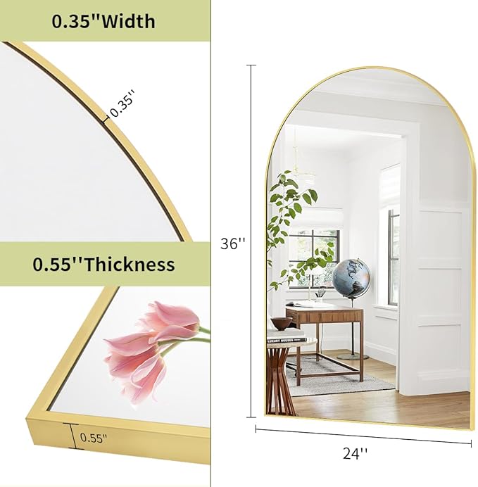 BEAUTYPEAK 24"x36" Arch Bathroom Mirror, Wall Mounted Vanity Metal Frame Mirror for Bedroom, Entryway, Living Room, Gold-Ruum Studio Home