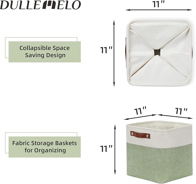 DULLEMELO Storage Baskets for Organizing, Fabric Storage Cubes for Dog Toy Box, 11 Inch Decorative Cube Storage Bins with handle for Baby Gift Basket(4 Pack - 11" White&Green)-Ruum Studio Home