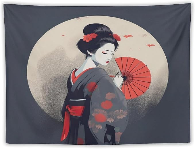 Japanese Woman Geisha Tapestry Asian Red Cherry Blossom Red Sun Traditional Kimono Folk Tapestries Home Decor for Living Room Bedroom Apartment Farmhouse Dorm 60"x50"-Ruum Studio Home