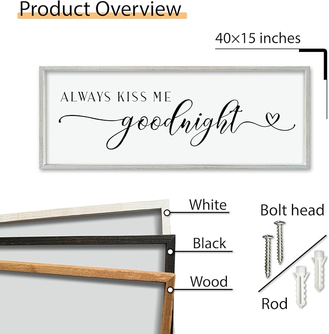 comurdyo Always Kiss Me Goodnight Sign for Bedroom Above bed Wall Decor 40''×15'' Large Wood Frame For Couples Over Bed Hanging Wall Art (White)-Ruum Studio Home