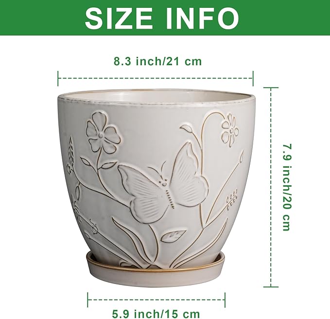 8 Inch Ceramic Pots for Plants Large Planter Pot with Drainage Hole and Saucer Round Flower Pot for Indoor Outdoor Decor, White-Ruum Studio Home