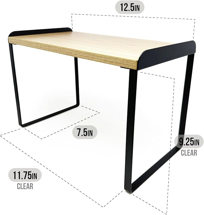 Mitus Shelf Organizer and Storage, Tiered Wood Cabinet Rack for The Kitchen Counter, Bathroom Counter, Pantry Cupboard, Office Desk Bookshelf, 12" Wide Natural and Black (Large)-Ruum Studio Home