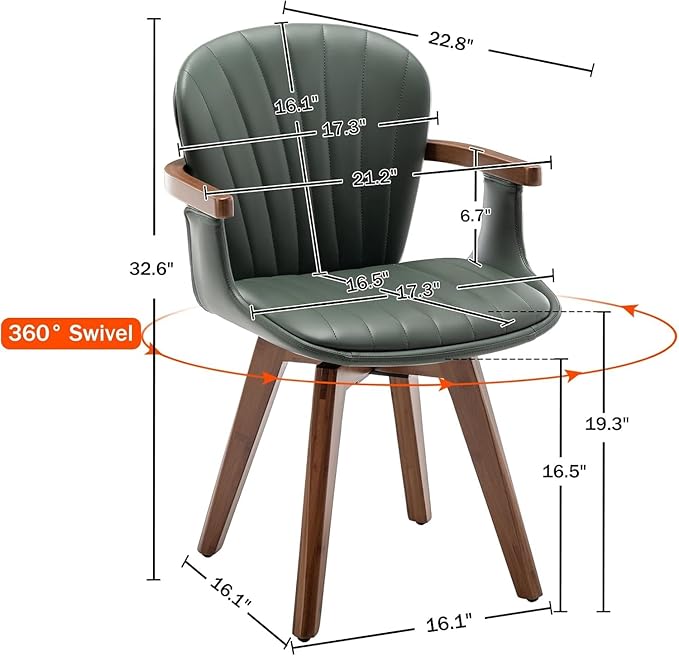 LUNLING Swivel Dining Chairs, Mid Century Modern Green Faux Leather Kitchen Chairs with Arms,Bamboo Legs Side Chairs No Wheels,Accent Chair for Dining Rooms and Offices,1PCS-Ruum Studio Home