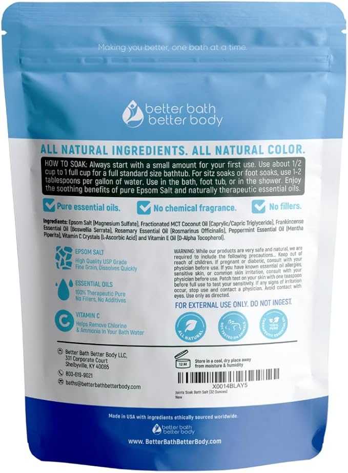 Joints Soak Bath Salt 32 Ounces Epsom Salt with Natural Rosemary, Frankincense and Peppermint Essential Oils Plus Vitamin C in BPA Free Pouch with Easy Press-Lock Seal-Ruum Studio Home