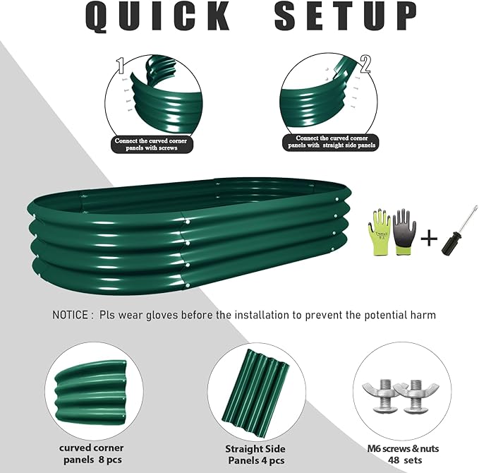 2 Pack 4x2x1FT Galvanized Raised Garden Bed Kit Oval Metal Ground Planter Box Outdoor Bottomless Planter Raised Beds for Vegetables Flowers Herbs Fruits, Green-Ruum Studio Home