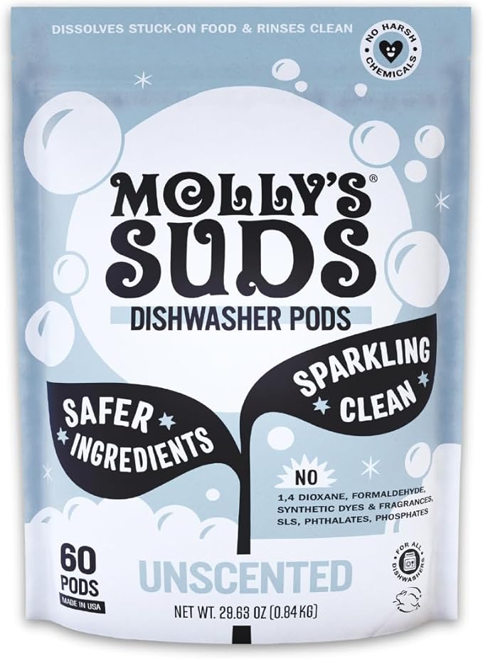 Molly's Suds Dishwasher Pods | Clean Dishwasher Detergent, Cuts Grease & Rinses Clean (Residue-Free) for Sparkling Dishes | 60 Auto-Release Tabs (Unscented)-Ruum Studio Home