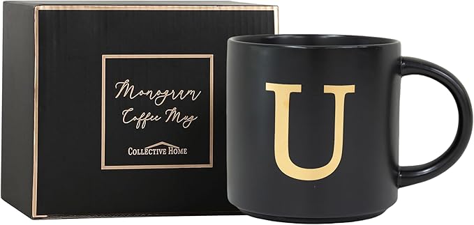 COLLECTIVE HOME - Monogram Ceramic Mugs, 15 oz Golden Initial Black Coffee Cups, Elegant Alphabet Tea Mugs, Elegant Personalized Mug with Gift Box, Unique Mug with Double Side Capital Lette (U)-Ruum Studio Home