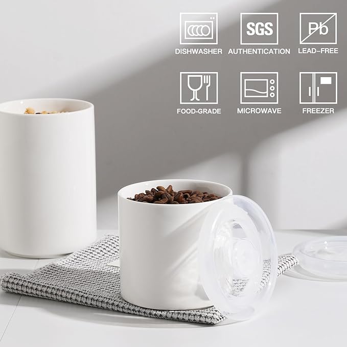 Sweejar Ceramic Food Storage Jar, Salt Container with Airtight Plastic Lid & Date Tracker, 28 Oz Kitchen Canisters for Flour, Rice, Sugar, Coffee, Spices, Pantry Organization (White)-Ruum Studio Home