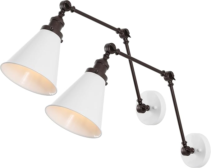 JONATHAN Y JYL7462C-SET2 Rover 7" Classic Industrial Metal Adjustable Arm LED Wall Sconce, White/Oil Rubbed Bronze (Set of 2) for Bedroom, Bathroom, Vanity-Ruum Studio Home