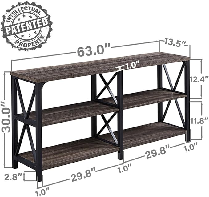LVB Rustic Console Table, Industrial Modern Sofa Table Behind Couch, Long Metal Wood Entryway Table with Storage Shelf, Farmhouse Foyer Hallway Table for Home Living Room Bedroom, Dark Gray Oak, 63 in-Ruum Studio Home