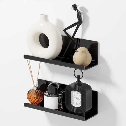 Acrylic Floating Shelves for Wall No Drilling, Self Adhesive Space-Saving Shelves, 12 Inch Floating Shelf Stick on Wall Shelf, for Bathroom, Kitchen, Bedroom, Office, Gaming Room, Black-Ruum Studio Home