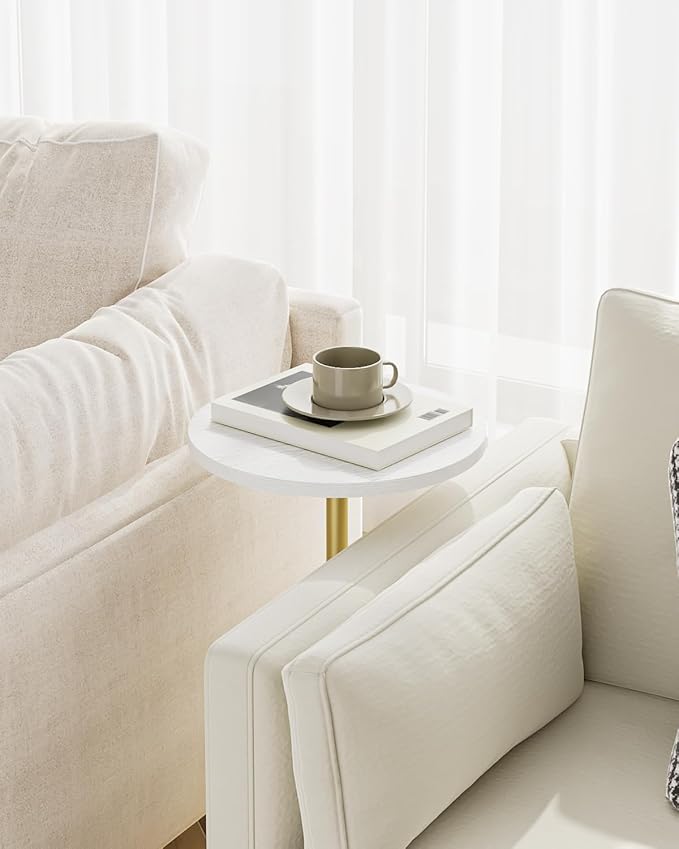 Masupu Drink Table, Round Side Table for Small Spaces, Pedestal Side Table, Small End Table with Metal Base, for Living Room, Bedroom, Bathroom, White Gold-Ruum Studio Home