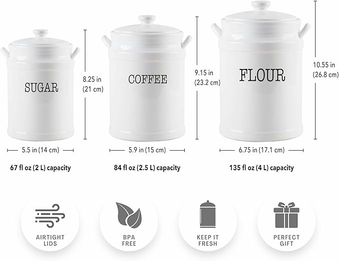 Ceramic Canister Set with Airtight Lids - 3-Piece Kitchen Storage for Flour, Sugar, Coffee, Tea & Spices - Modern Countertop Decor-Ruum Studio Home