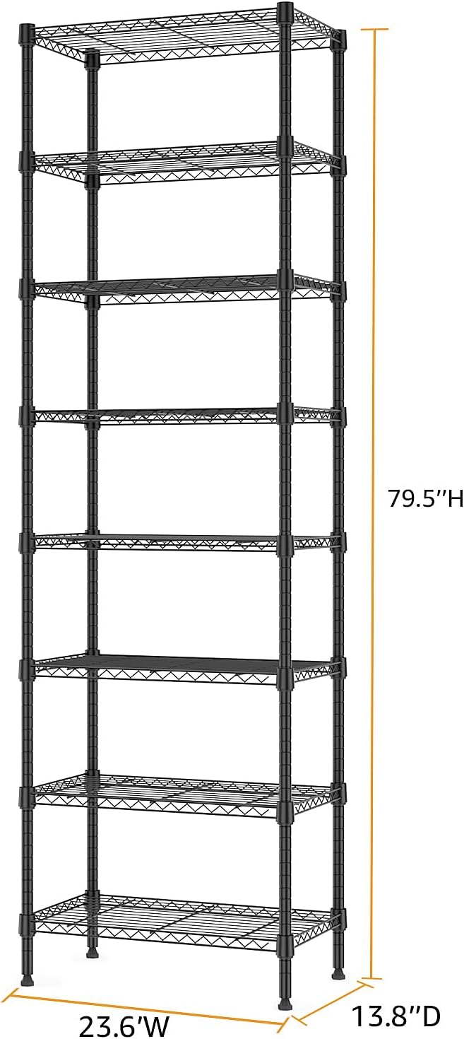 8 Tier 2000 lbs Storage Rack Metal Wire Shelving Unit, Storage Standing Shelf Organizer for Laundry Bathroom Kitchen Pantry Closet Garage Basement Utility Room, Black 13.8" D x 23.6" W x 79.5" H-Ruum Studio Home