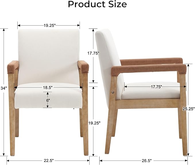 Mid Century Modern Dining Chairs Set of 2 Linen Fabric Upholstered Living Room Side Chair, Kitchen Arm Chair with Solid Wood Legs for Home Kitchen & Restaurant, Linen White-Ruum Studio Home
