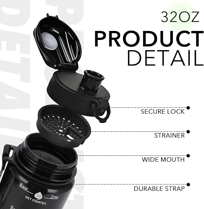 32oz Motivational Water Bottles with Time Marker & Fruit Strainer, Transparent Gradient Color Water Bottle with Times to Drink, Leakproof & BPA Free, Reusable Bottle with Strap (No Straw)-Ruum Studio Home