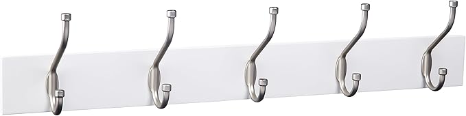 Amazon Basics Rectangular Farmhouse Wall-Mounted Coat Rack with Storage Hooks, 5 Hooks, White-Ruum Studio Home