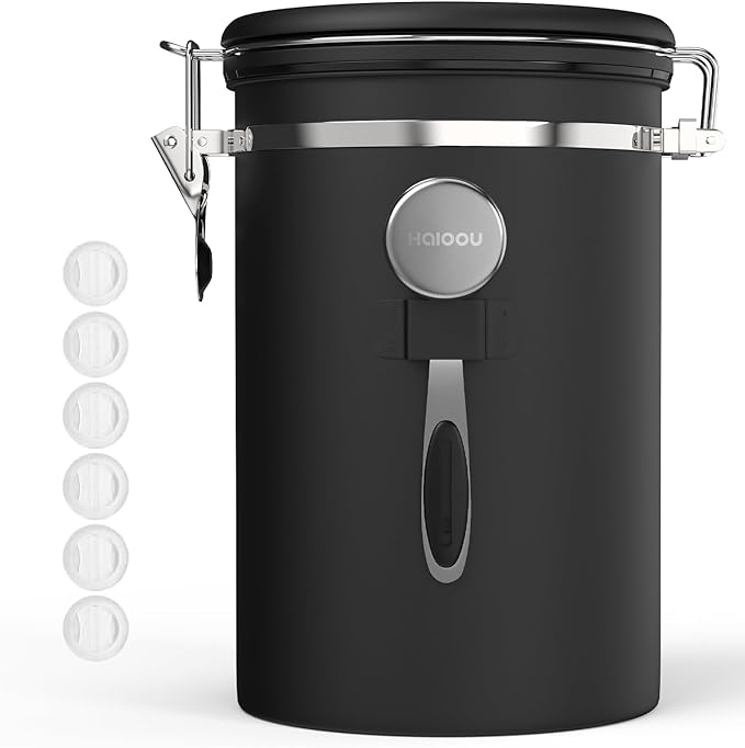 HAIOOU Large Coffee Canister, 38OZ Oversized Stainless Steel Coffee Bean Storage Container with Date Tracker, Measuring Scoop, CO2 Releasing Valves for Beans, Grounds and more - Black-Ruum Studio Home