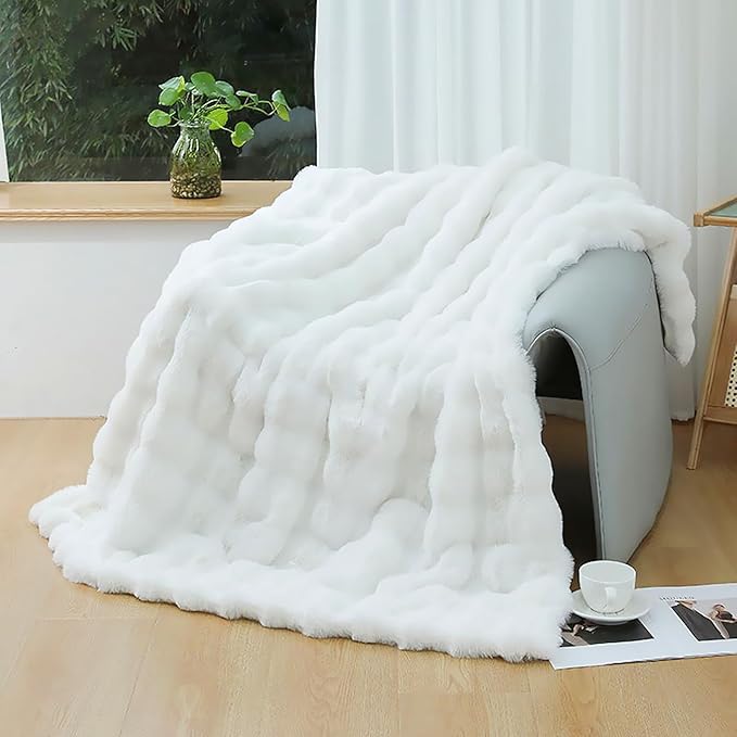 UKELER White Plush Furry Throw Blanket Super Soft Cozy Warm Blanket for Bed, Couch, Sofa, Office, Camping Shaggy Faux Fur Blanket Gift for Women, Men 50''x60''-Ruum Studio Home