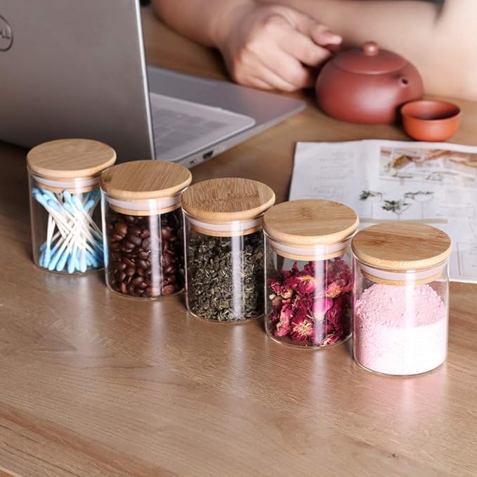 Glass Jars Set,Upgrade Spice Jars with Wood Airtight Lids and Labels, 6oz 12 Piece Small Food Storage Containers for Home Kitchen, Tea, Herbs, Sugar, Salt, Coffee, Flour, Herbs, Grains…-Ruum Studio Home