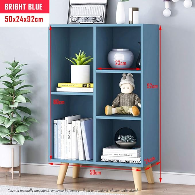 IOTXY Wooden Open Shelf Bookcase - 3-Tier Floor Standing Display Cabinet Rack with Legs, 5 Cubes Bookshelf, Bright Blue-Ruum Studio Home