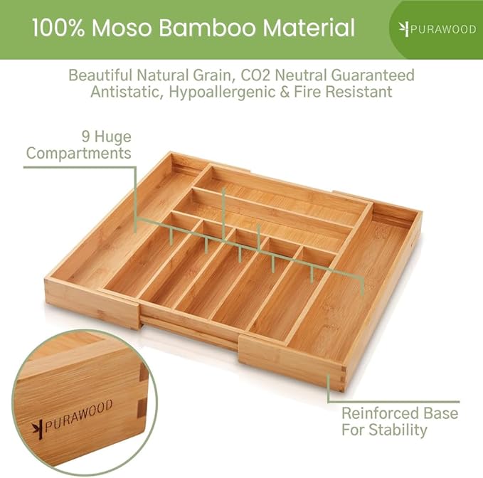 Bamboo Drawer Organizer, 2 Pack - Expandable Silverware Organizer & Utensil Drawer Organizer, Cutlery Tray with Dividers, 7-9 Slots - Premium Kitchen Organizer for Utensils & Flatware (Natural)-Ruum Studio Home