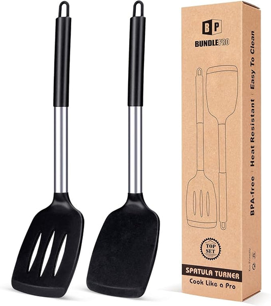 Pack of 2 Silicone Solid Turner, Non Stick Slotted Kitchen Spatulas, High Heat Resistant BPA Free Cooking Utensils, Ideal Cookware for Fish, Eggs, Pancakes(Black)-Ruum Studio Home