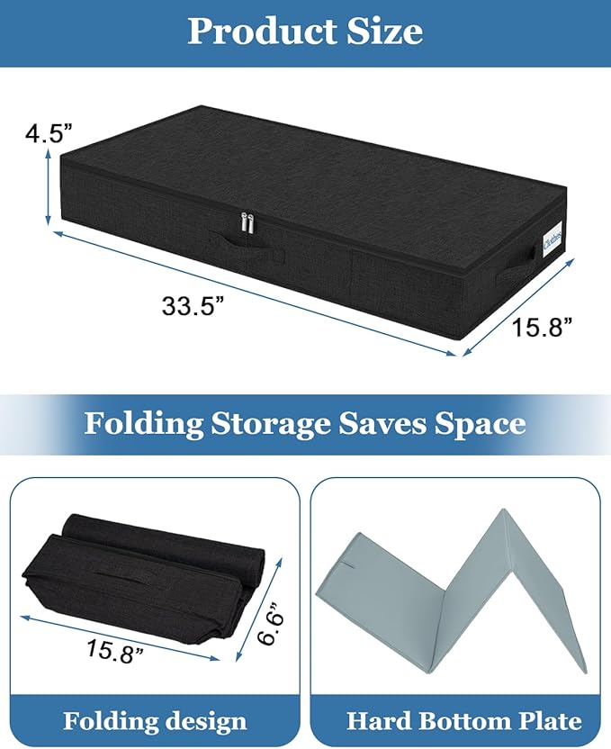 Cirhy Under Bed Storage Containers, 4.5 Inch Tall Low Profile Under Bed Storage with Sturdy Sidewalls & Bottom, UnderBed Storage for Clothes,Shoes, Pillow, Blankets Organizer, 2 Pack Black-Ruum Studio Home