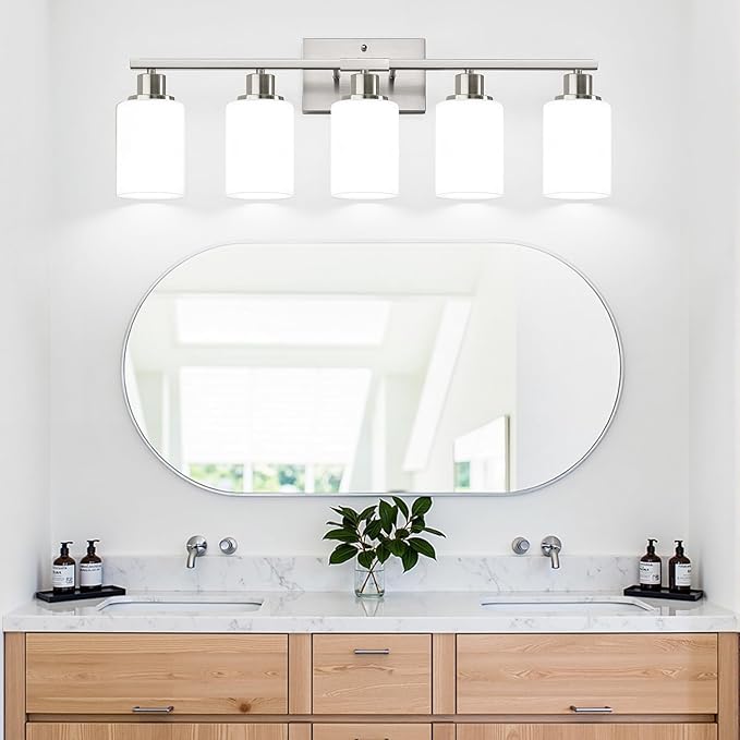 5-Light Brushed Nickel Bathroom Vanity Light with Milky White Frosted Glass Shades, Modern Bathroom Light Fixtures, Up/Down Reversible Lighting for Mirror, Bedroom, Kitchen, Living Room, Hallway-Ruum Studio Home