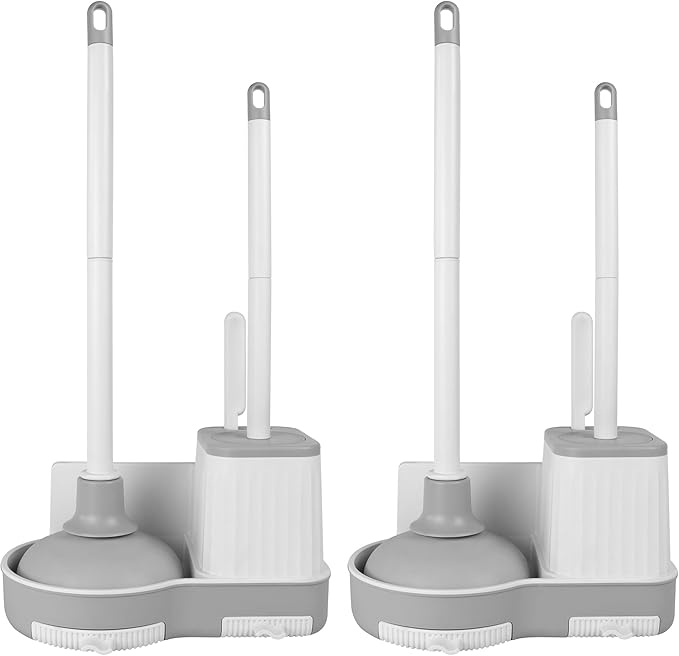 2 Pack Toilet Brush and Plunger Set, 3 in 1 Toilet Bowl Brush and Holder with Crevice Cleaning Brush Wall Mounted Household Bathroom Cleaning Tools Combo(2)-Ruum Studio Home