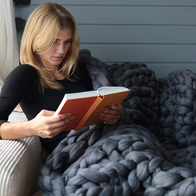 Chunky Knit Throw Bulky Merino Sofa Blanket Hand-Made Super Large Chair Mat Rug(Dark Gray 40"x60")-Ruum Studio Home