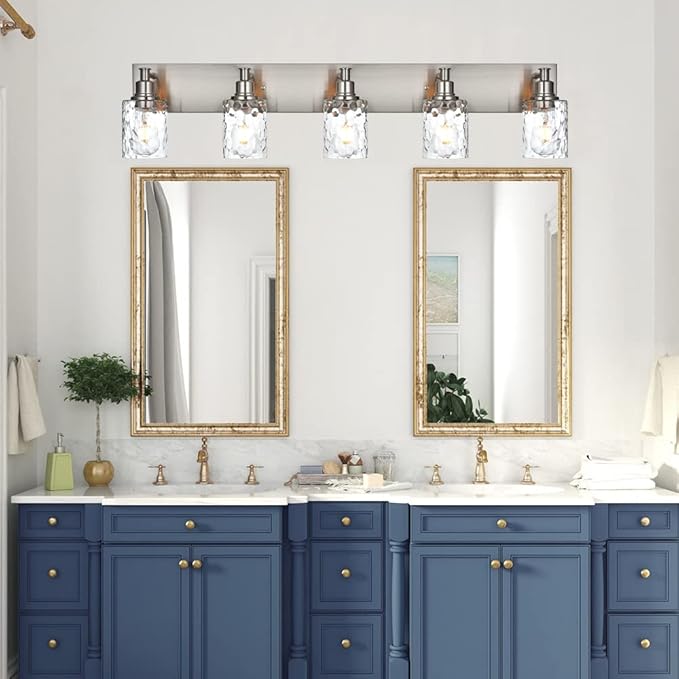 BONLICHT 5 Lights Sconces Wall Lighting Brushed Nickel with Hammered Glass Shade, Industrial Bathroom Light Fixtures Vanity Lights Porch Light Fixtures Classic Metal Wall Mount Lamp Over Mirror-Ruum Studio Home