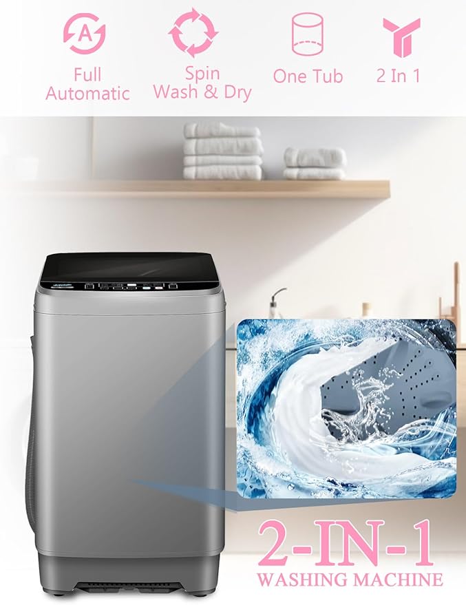 Full Automatic Washing Machine with LED Display, 25 lbs Portable Washer Drain Pump, 10 Programs & 8 Water Levels Selections, Ideal for RV, Camping, Apartment, Dorm, Dark Grey-Ruum Studio Home