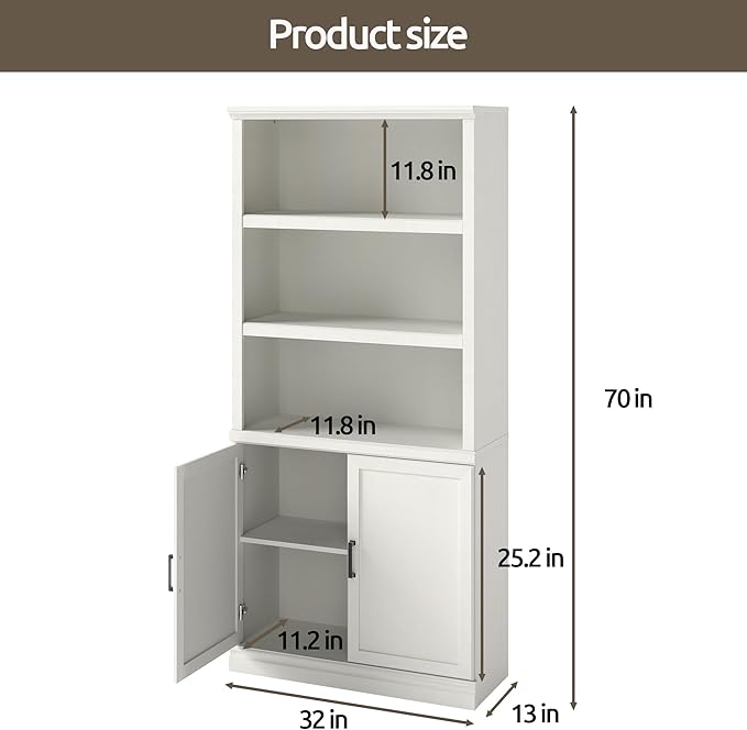 70 Inch Tall Bookcase with Doors, Library Office Bookshelf with Adjustable Shelves, Floor Standing Storage Cabinet for Bedroom Living Room Organizer with Anti Tipping Kit, Soft White Finish-Ruum Studio Home