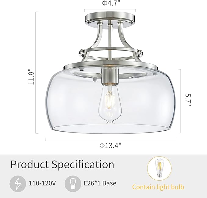 WUZUPS Chandelier Rustic Farmhouse Industrial Round Semi-flushmount Ceiling LED Light Fixture with Clear Glass Shades for Bathroom Kitchen Foyer Entryway, H 11.8" x W 13.4", E26 Base, Brushed Nickel-Ruum Studio Home