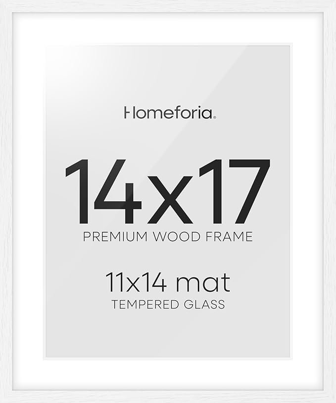 Homeforia 14x17 Picture Frame White, High End Oak 14x17 White Wood Frame with Mat 11x14 Photo, 14 x 17 Wooden Poster Frames Matted to 11 by 14, 17x14 Hanging Frames, Tempered Glass, Wall Kit, Set of 1-Ruum Studio Home