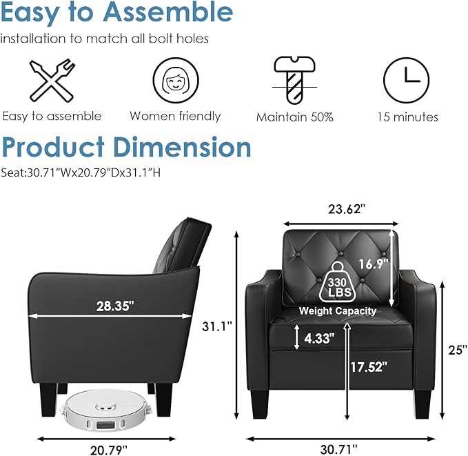 STHOUYN Living Room Chairs Black Leather Accent Chairs Set of 2, Waiting Room Arm Chairs, Reading Chairs for Bedroom Comfy Club Chair Tufted, Office Small Space (2, Black)-Ruum Studio Home