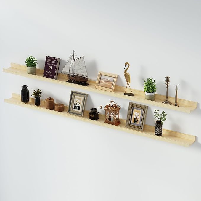 SAUMONIERES Picture Ledge Shelf Floating Book Shelves Set of 2 Wall Mounted Solid Wood for Bedroom Bathroom Living Room Kitchen, 72 Inch Natural-Ruum Studio Home