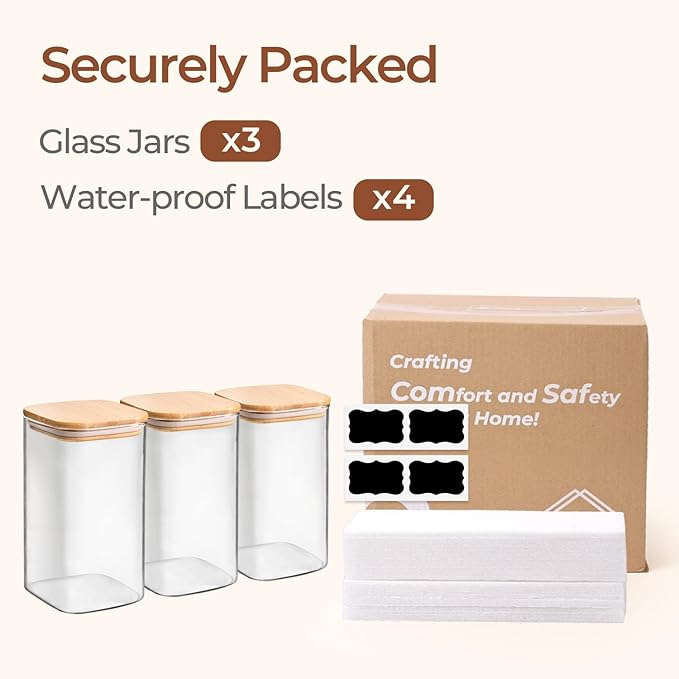 ComSaf 1.4 Qt Glass Storage Containers with Lids, Glass Jars with Lids, Clear Food Storage Jar, Square Canister Set of 3, Pantry Organizers and Storage for Flour Oat Pasta Tea Cookie Coffee Bean-Ruum Studio Home