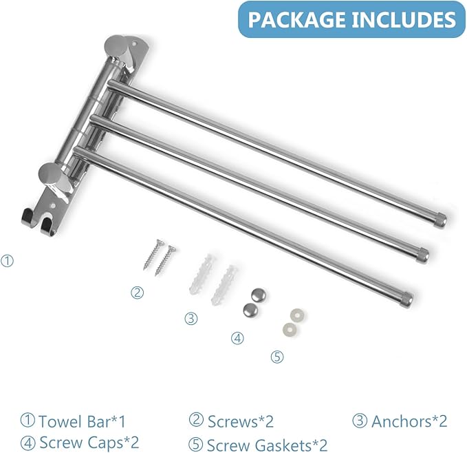 Bathroom Towel Rack JSVER 3 Arms Extended Towel Holder, Swivel Towel Bar, SUS304 Stainless Steel Space Saving Towel Racks for Bathroom, Kitchen-Ruum Studio Home