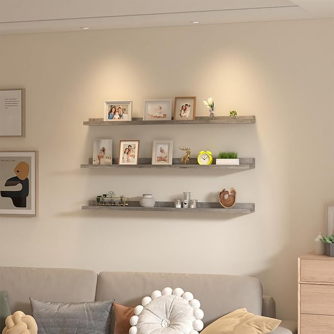 Giftgarden 47 Inch Gray Floating Shelves for Wall Mount, Grey Wood Wall Shelf Ledge for Bathroom Bedroom Living Room Kitchen Storage, Set of 3 Different Sizes-Ruum Studio Home