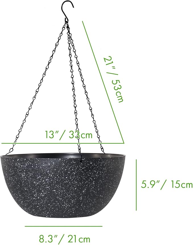 WOUSIWER 13 inch 2Pack Large Hanging Planters for Outdoor Indoor Plants with Drainage Holes and Chain, Round Hanging Flower Pots for Garden Home Porch Decor, Black Speckles-Ruum Studio Home